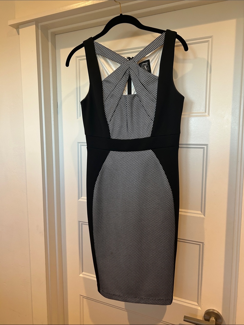 Jax Black and White Textured Midi Sheath Dress with Cross Back